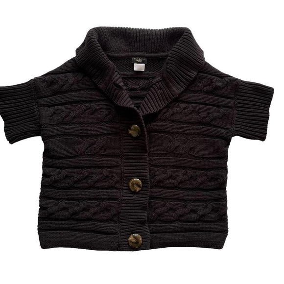 Talbots Petites Chunky Black Cable Knit Cotton Short Sleeve Cardigan Sweater - Picture 2 of 6